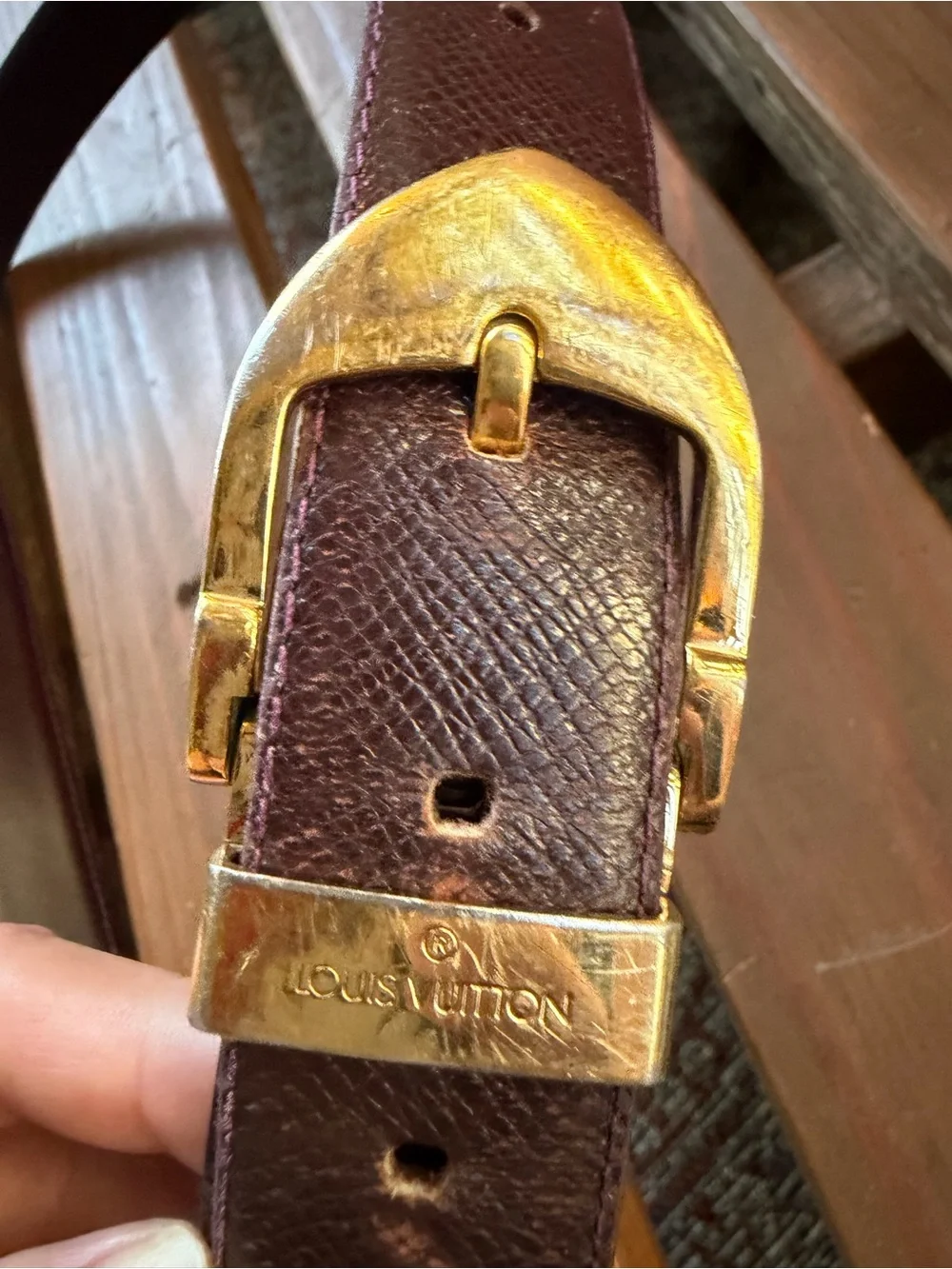 Louis Vuitton Men's Deep Burgundy Leather Belt with Gold-Tone Buckle Sz 110/44